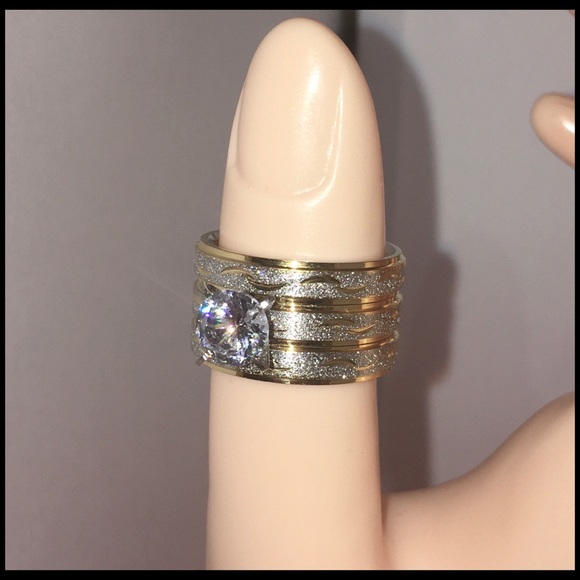 ⚜️ Two Tone Frosted Steel 3 Band Wedding Ring Set - Picture 8 of 13